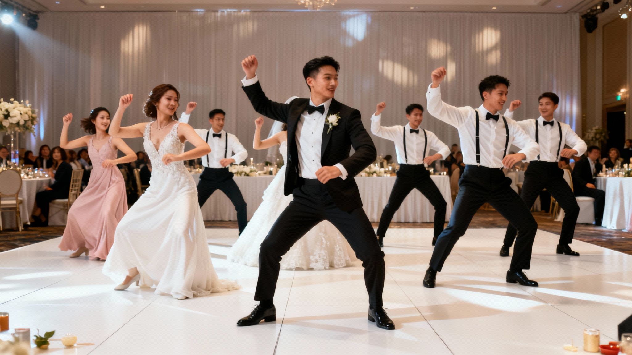 A joyous wedding party performs an energetic choreographed dance routine on a white dance floor at a reception.