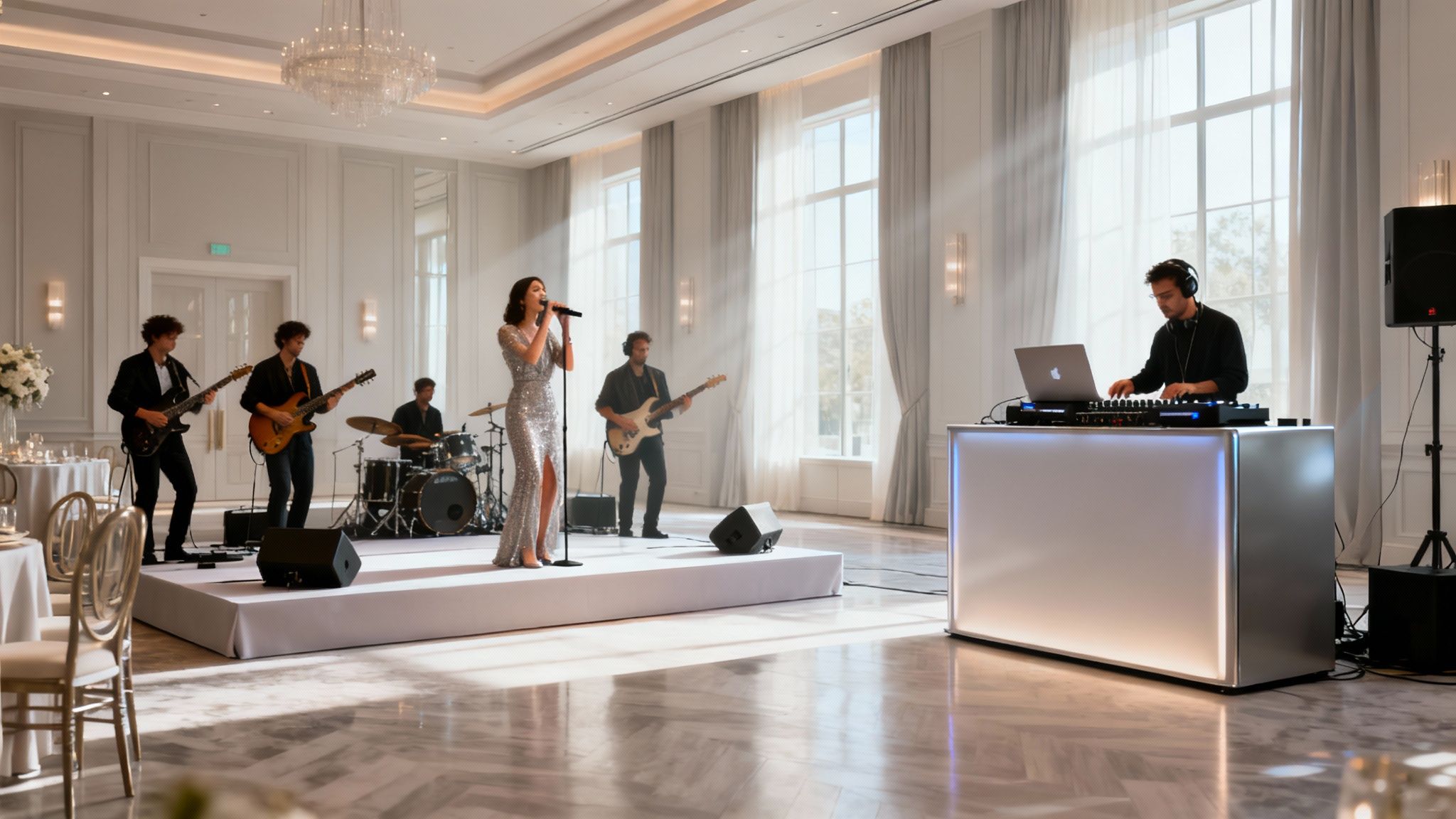 A live band playing energetically on a brightly lit stage for a corporate event.