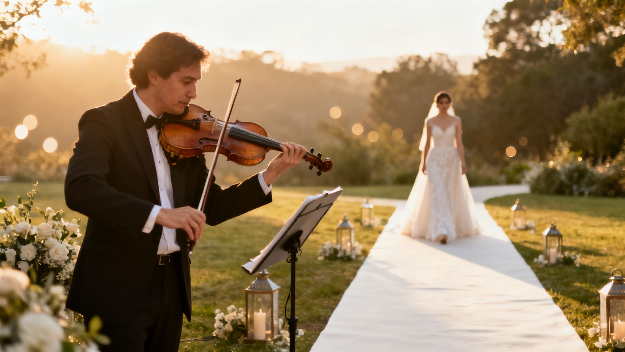 A male violinist plays music at an outdoor wedding ceremony as a bride walks down the aisle.