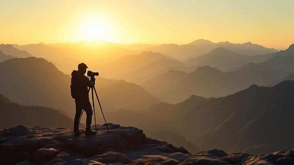 A person taking a photo of the misty mountains at sunrise