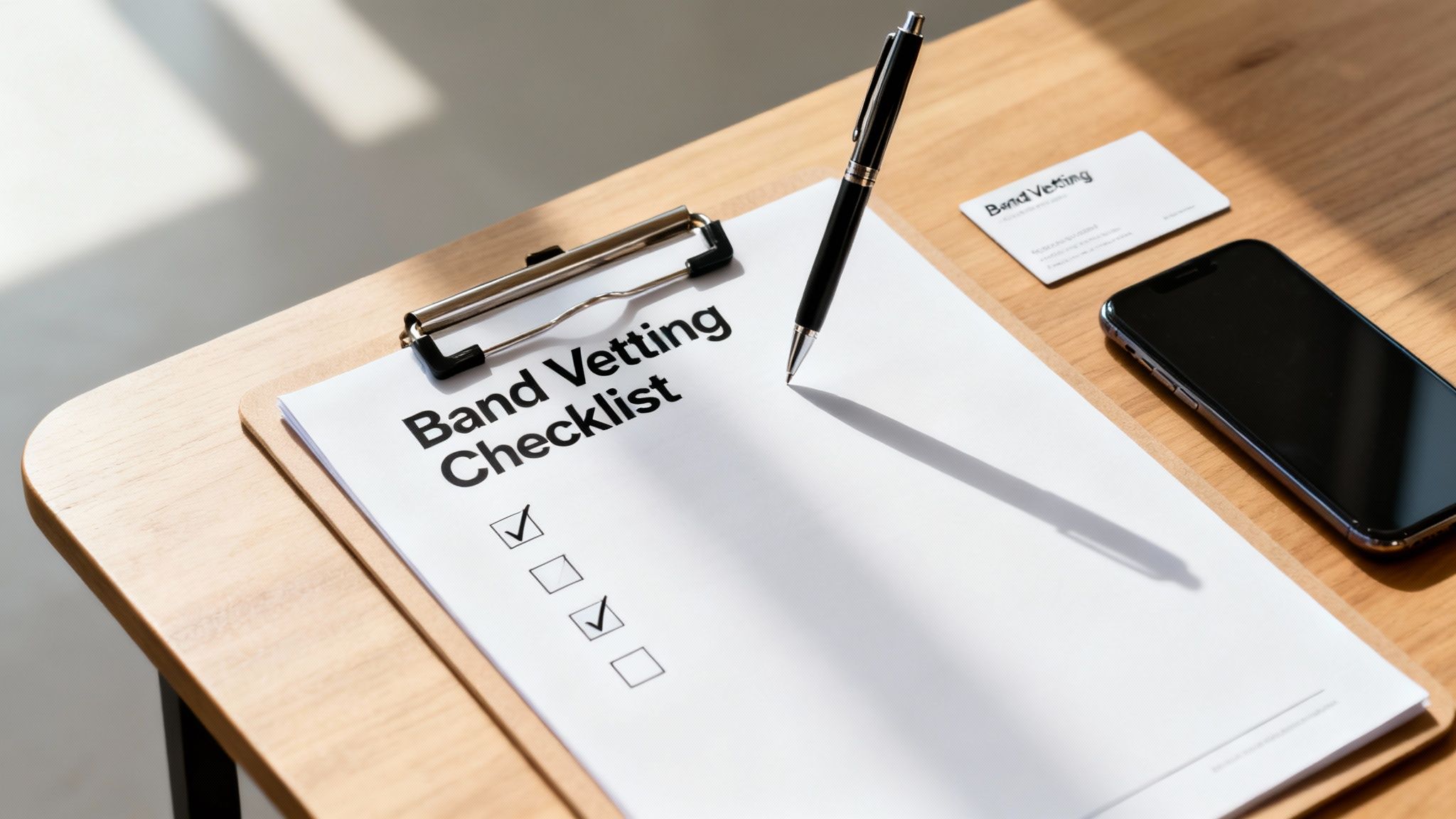 A clipboard with a 'Band Vetting Checklist' and a pen on a wooden desk next to a phone.