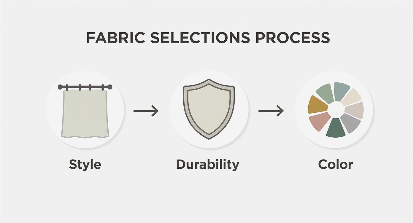 A diagram illustrating the fabric selection process for curtains, including style, durability, and color choices.