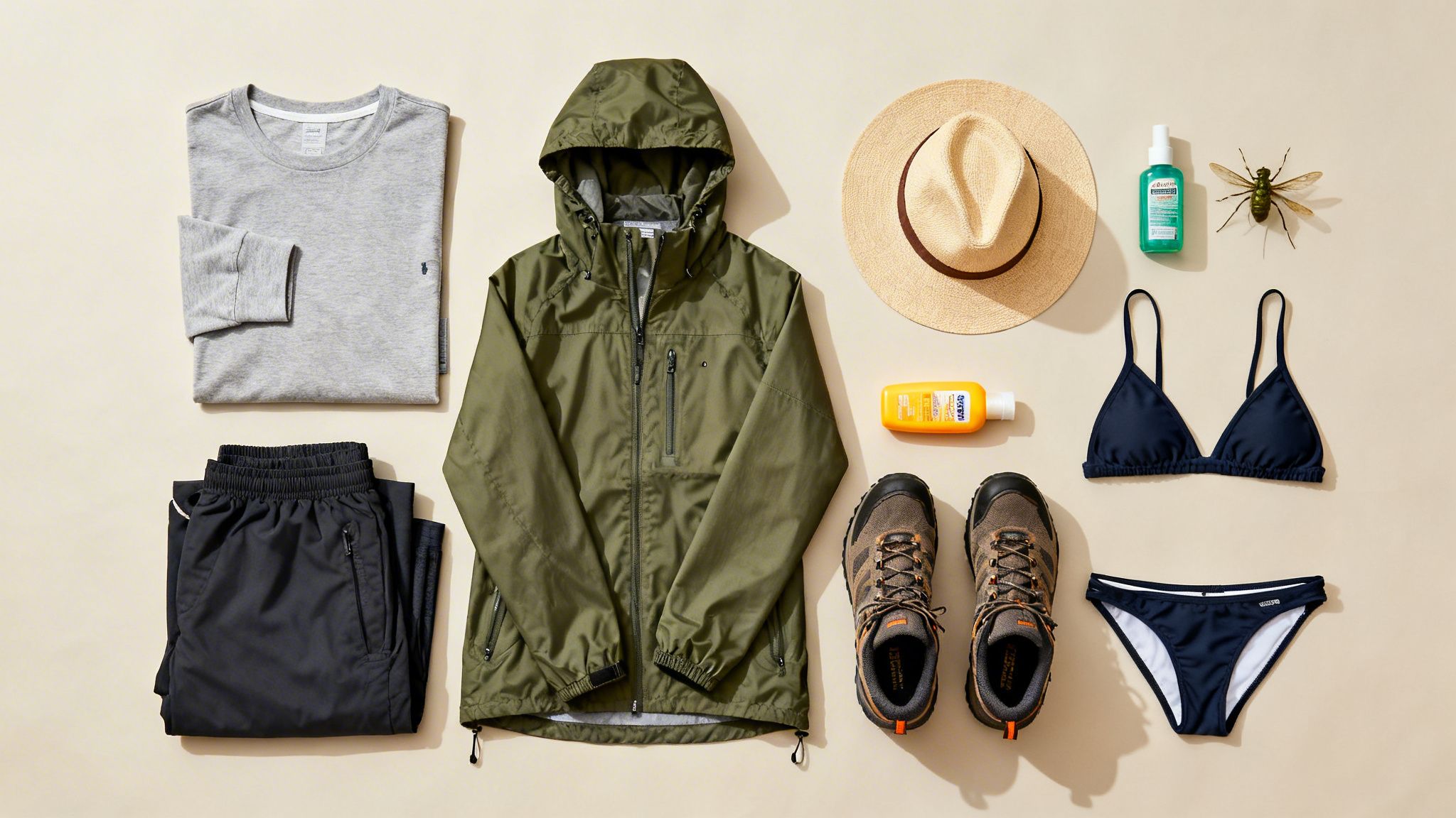 A flat lay of travel essentials including a jacket, t-shirt, shorts, hiking shoes, hat, sunscreen, bug spray, and bikini.