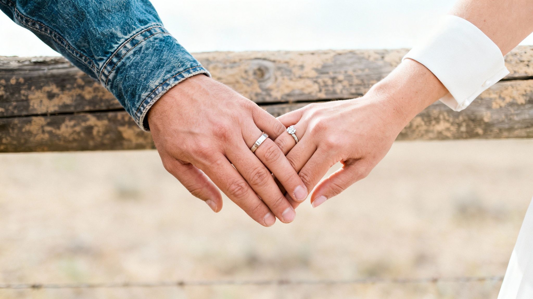 A couple's hands, adorned with wedding and engagement rings, gently clasped over a rustic fence.