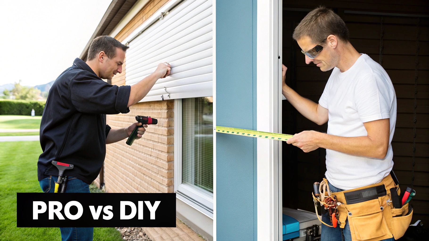 Two men installing and measuring window shutters, illustrating professional vs DIY home improvement projects.