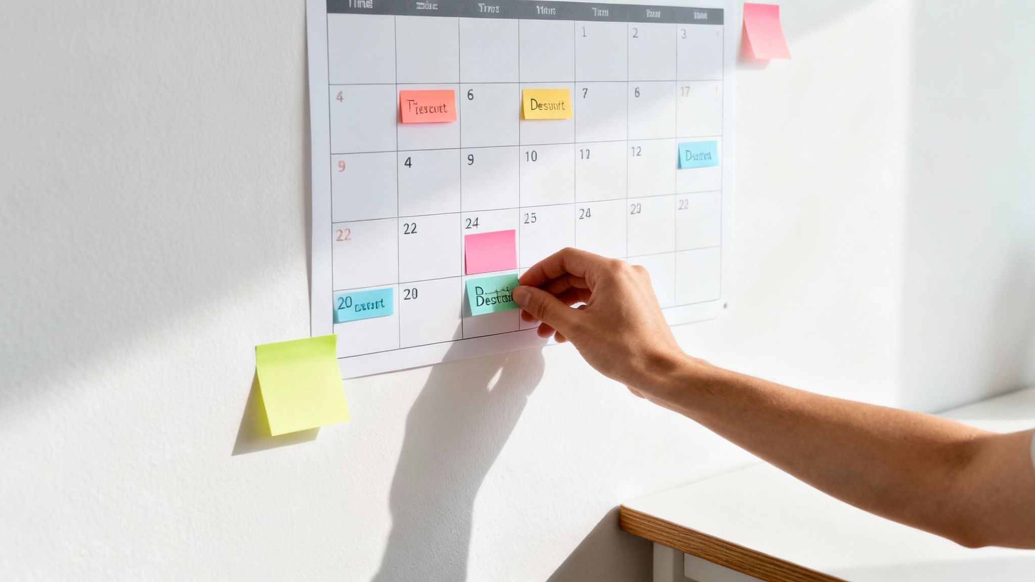 A hand places a green sticky note on a wall calendar with various colorful notes.