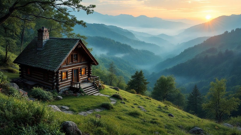 A cozy romantic cabin in the Smoky Mountains with a fireplace and warm lighting