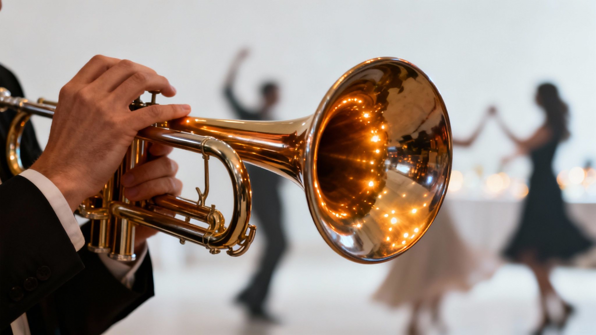 A musician in a suit plays a golden trumpet, reflecting lights, with blurred dancers in the background.