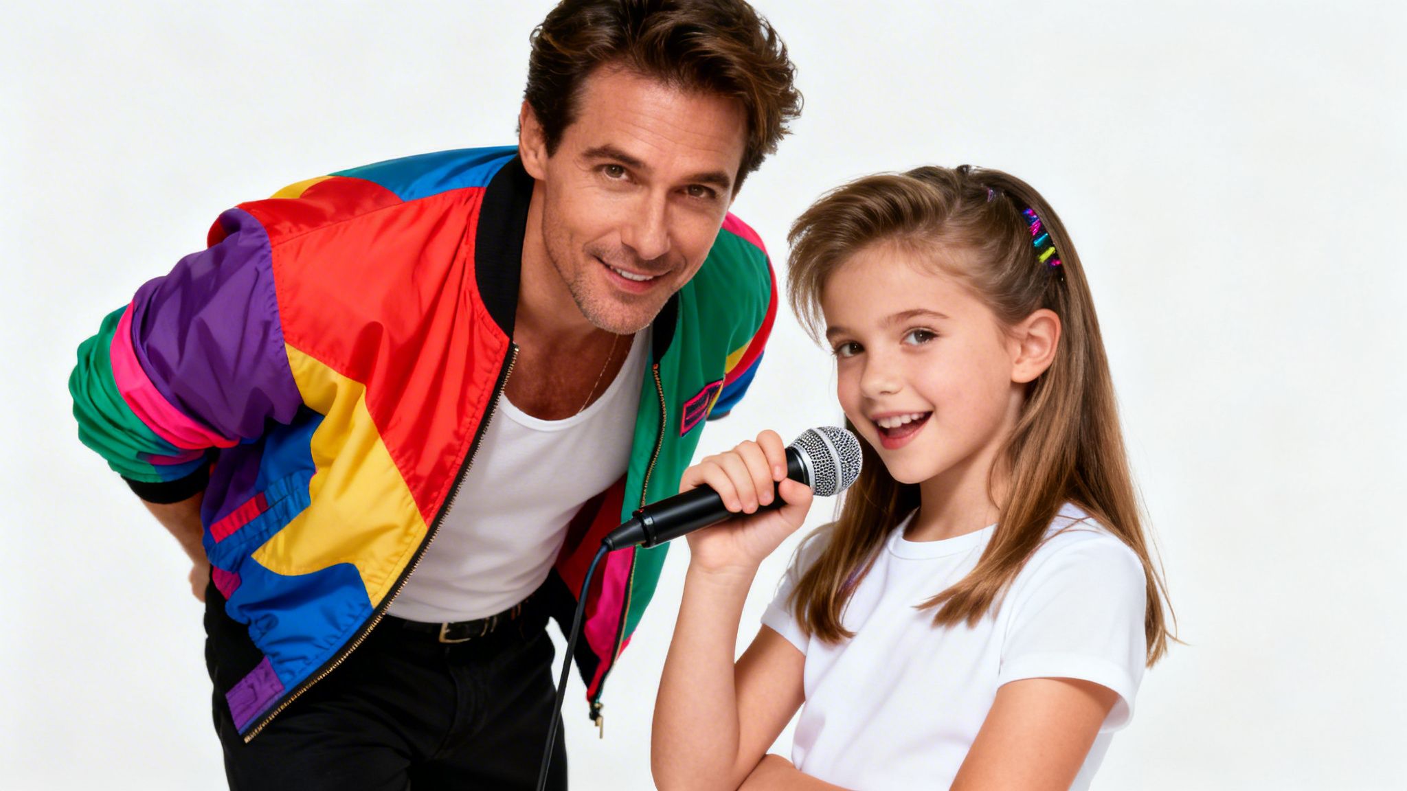 Smiling father and daughter in a colorful jacket, the girl holds a microphone to sing.