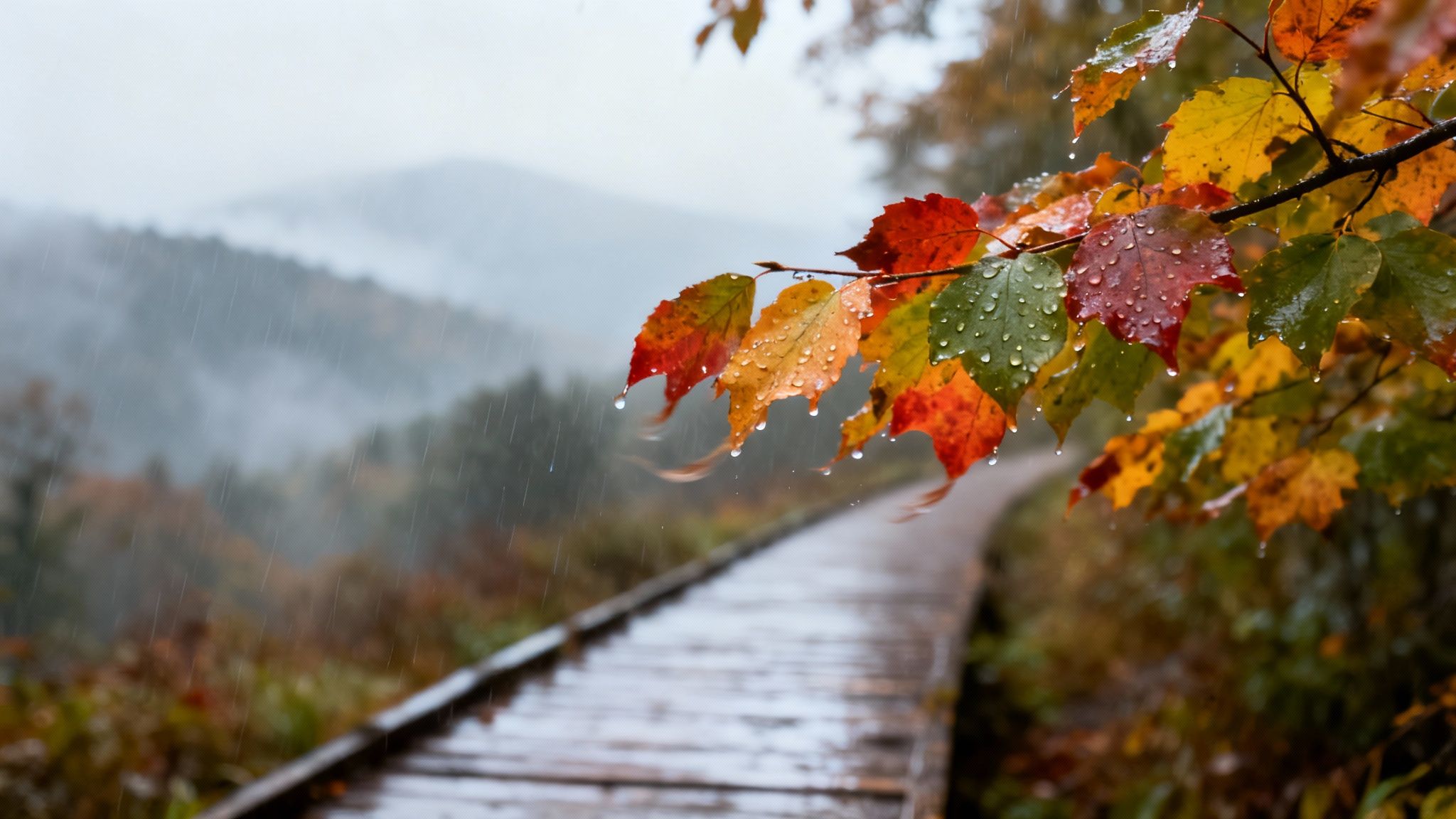 Raindrops cling to colorful autumn leaves on a branch above a wet wooden path.