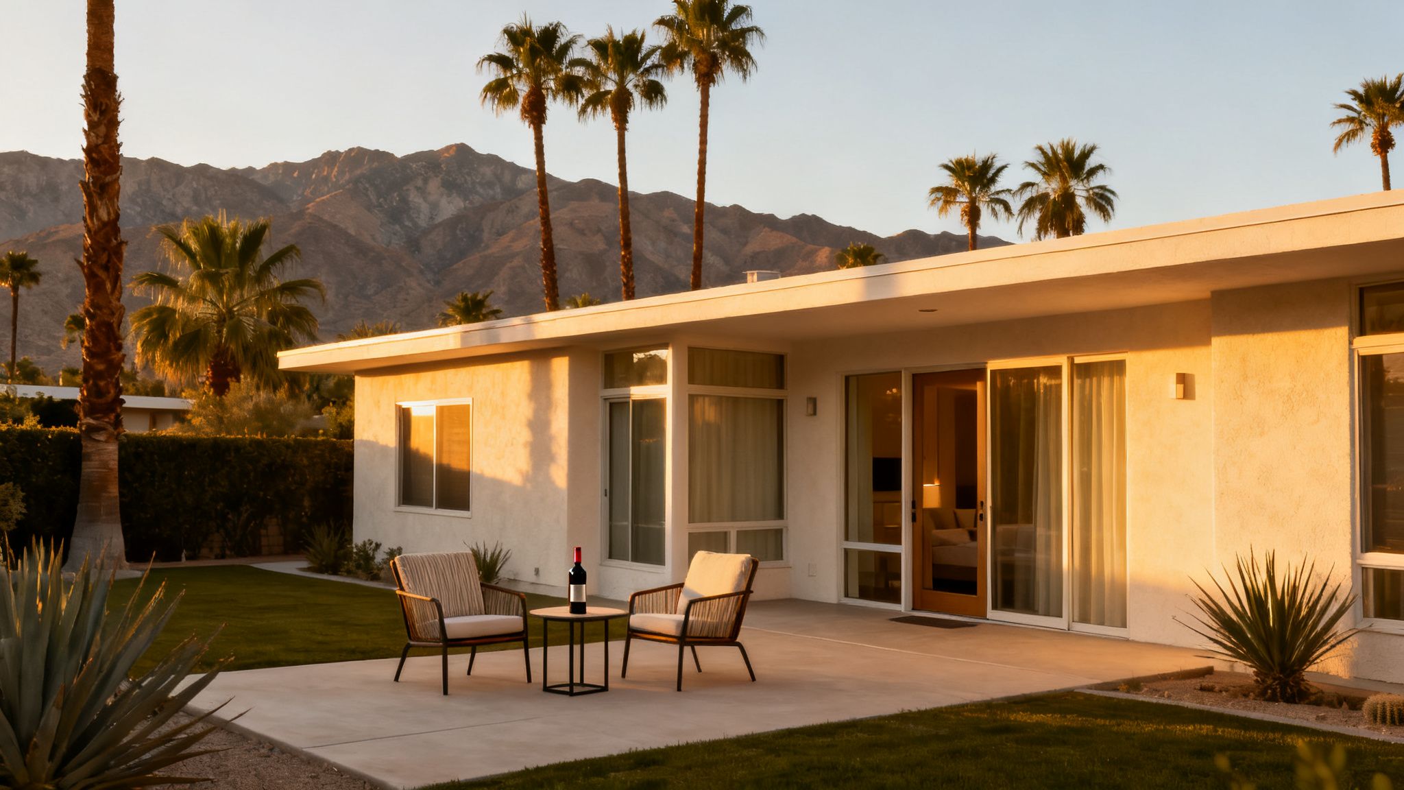 Golden hour view of a modern Palm Springs home with a patio, palm trees, and mountains.