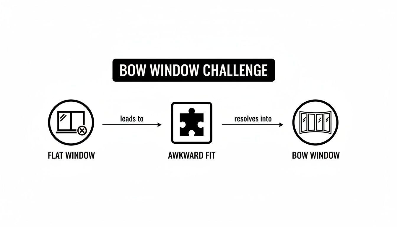 Flowchart illustrating the 'Bow Window Challenge': a flat window leads to an awkward fit, resolved by a bow window.