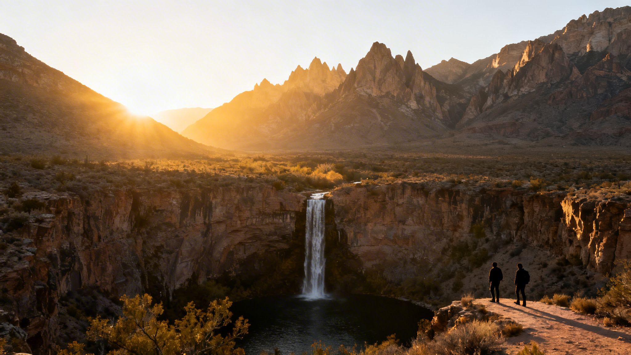 Two people admire a majestic desert waterfall plunging into a pool, illuminated by a vibrant sunset.