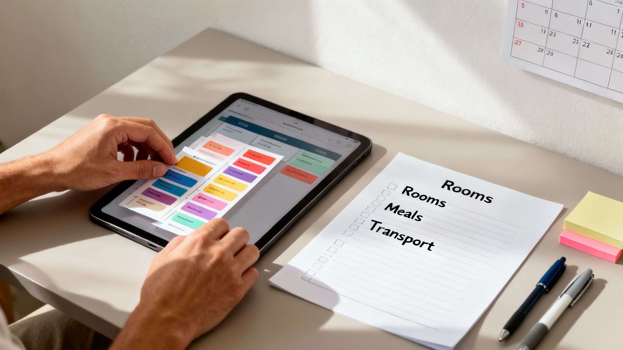 A person uses a tablet for planning tasks, with a checklist for rooms, meals, and transport.