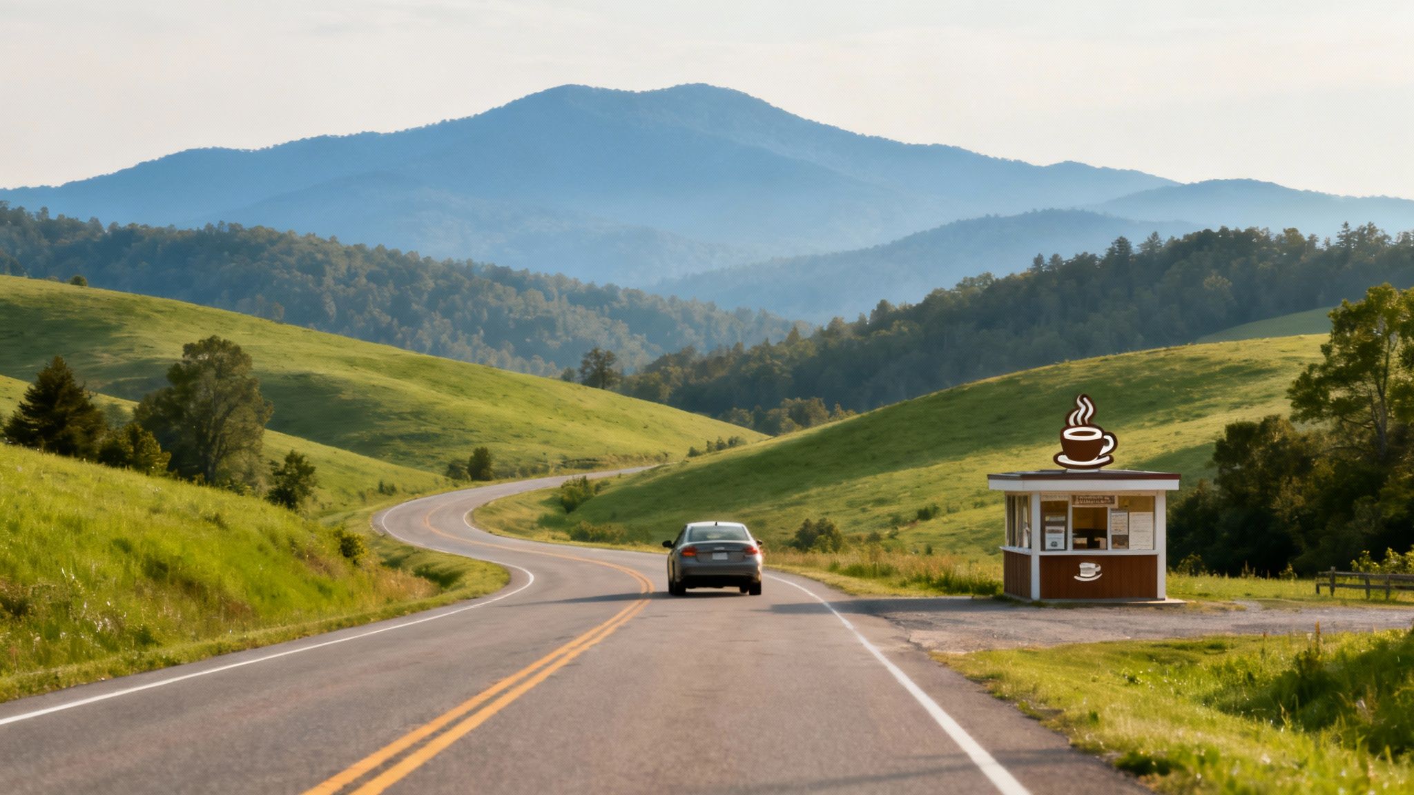 A car driving through the scenic, rolling hills of Tennessee.