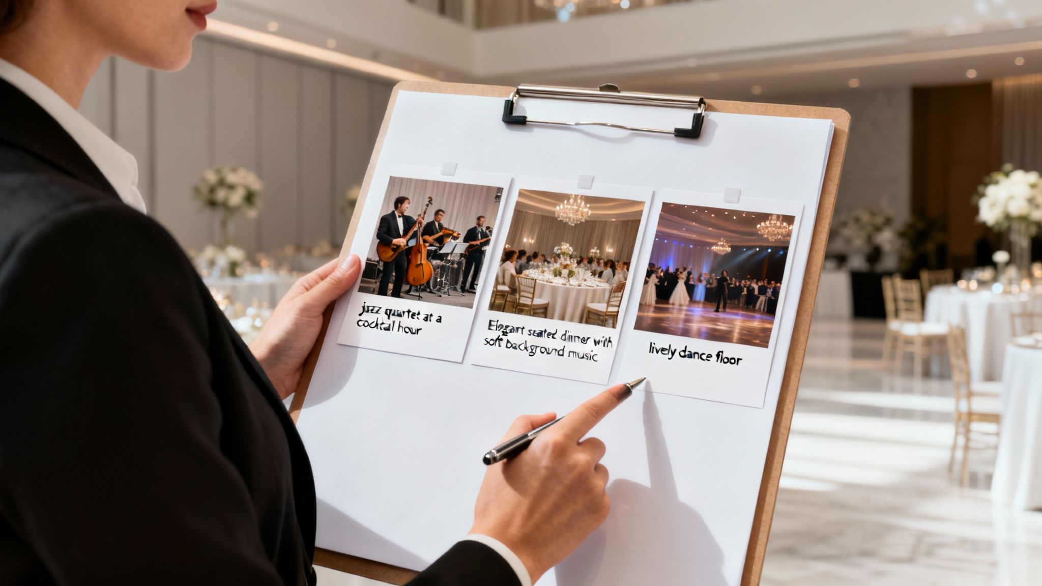 Event planner holds a clipboard displaying photos of a jazz band, elegant dinner, and lively dance floor.