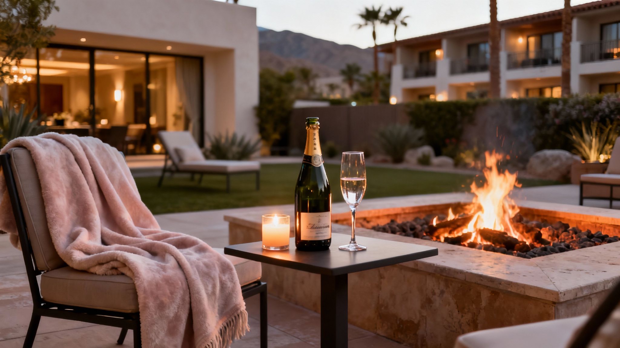 A cozy outdoor setting with a fire pit, champagne, and a blanket-draped chair at a luxury resort.