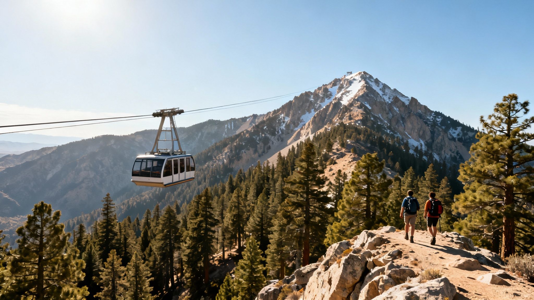 Hikers on a scenic mountain trail with a cable car, pine trees, and distant snow-capped peaks.