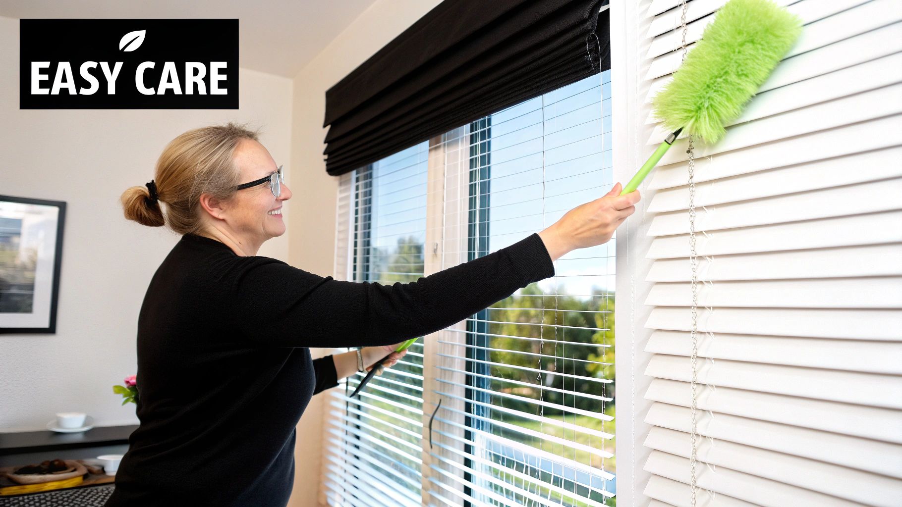 A person gently wiping down clean, white cordless blinds with a soft cloth.