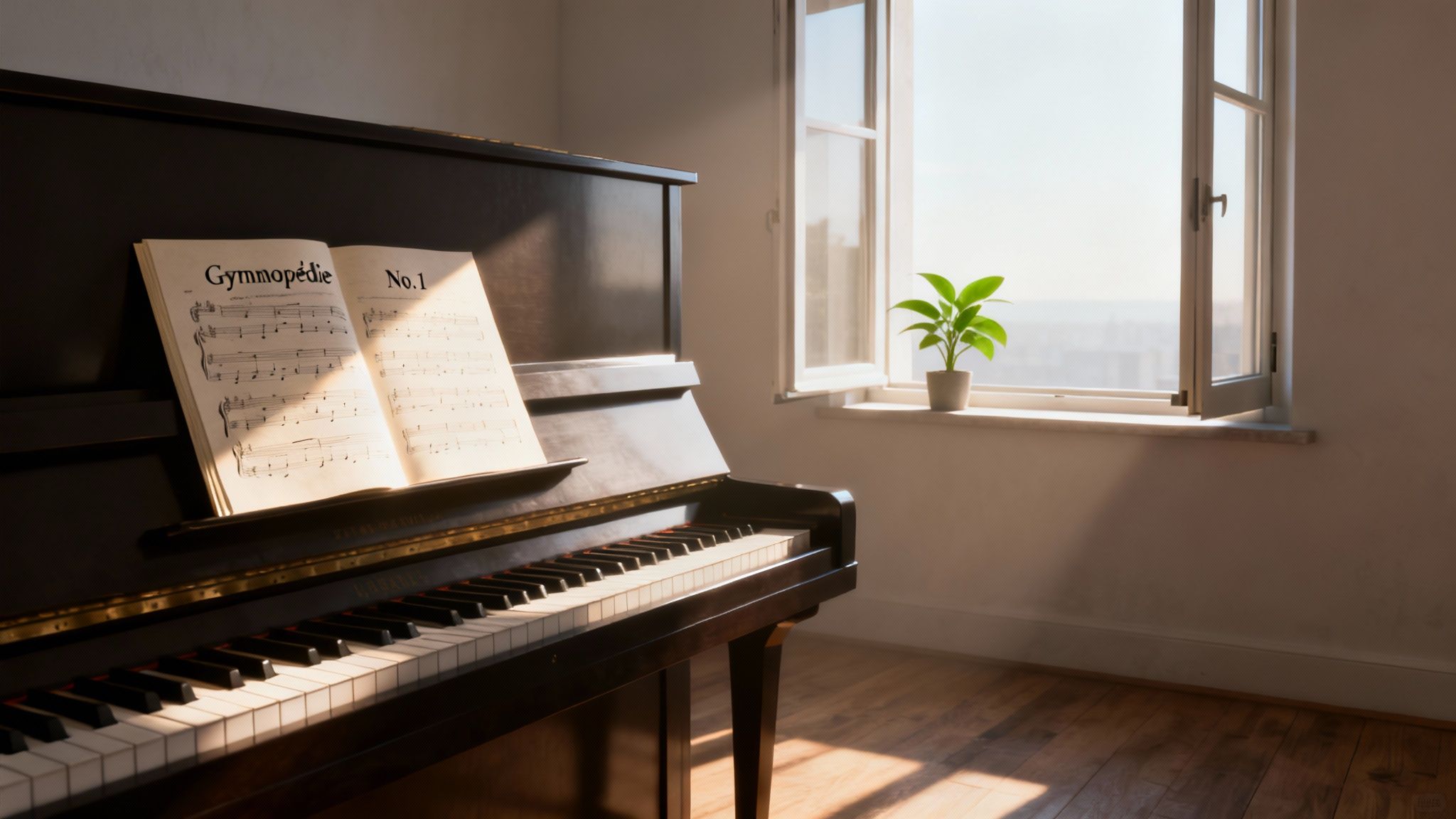 Upright piano with &#39;Gymnopédie No. 1&#39; sheet music, bathed in sunlight from an open window and a potted plant.