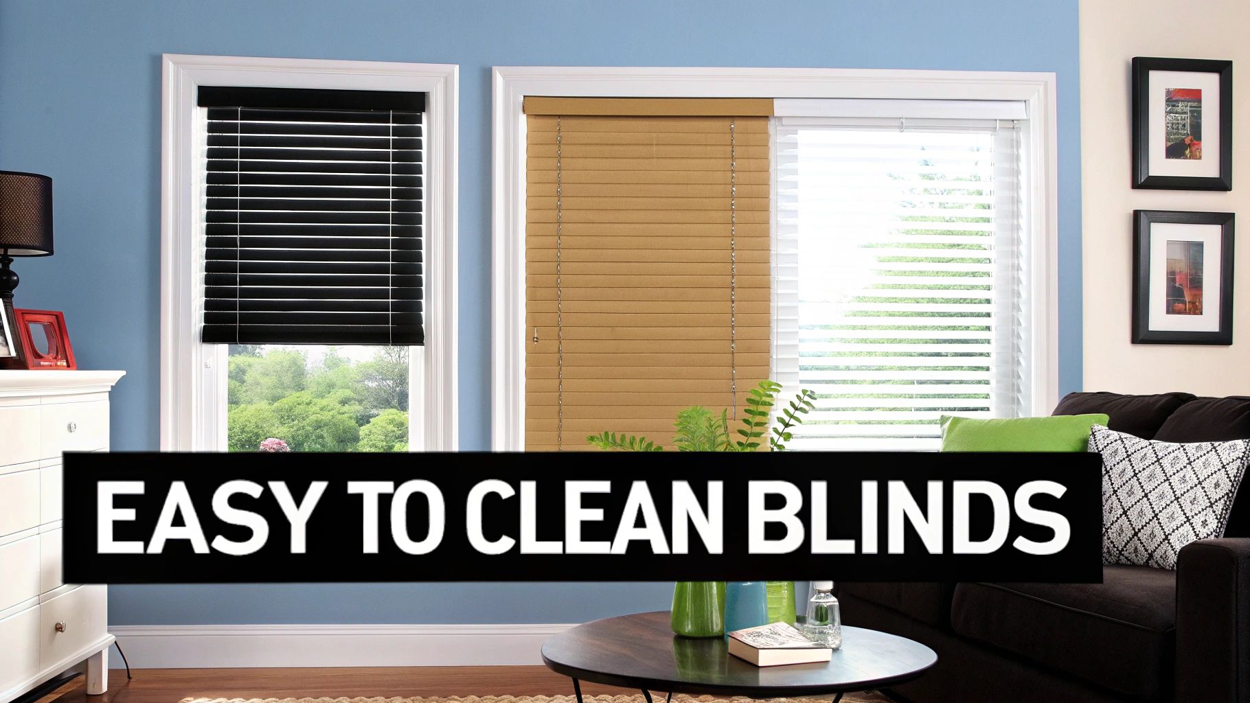 A person using a duster to clean white faux wood blinds in a bright room