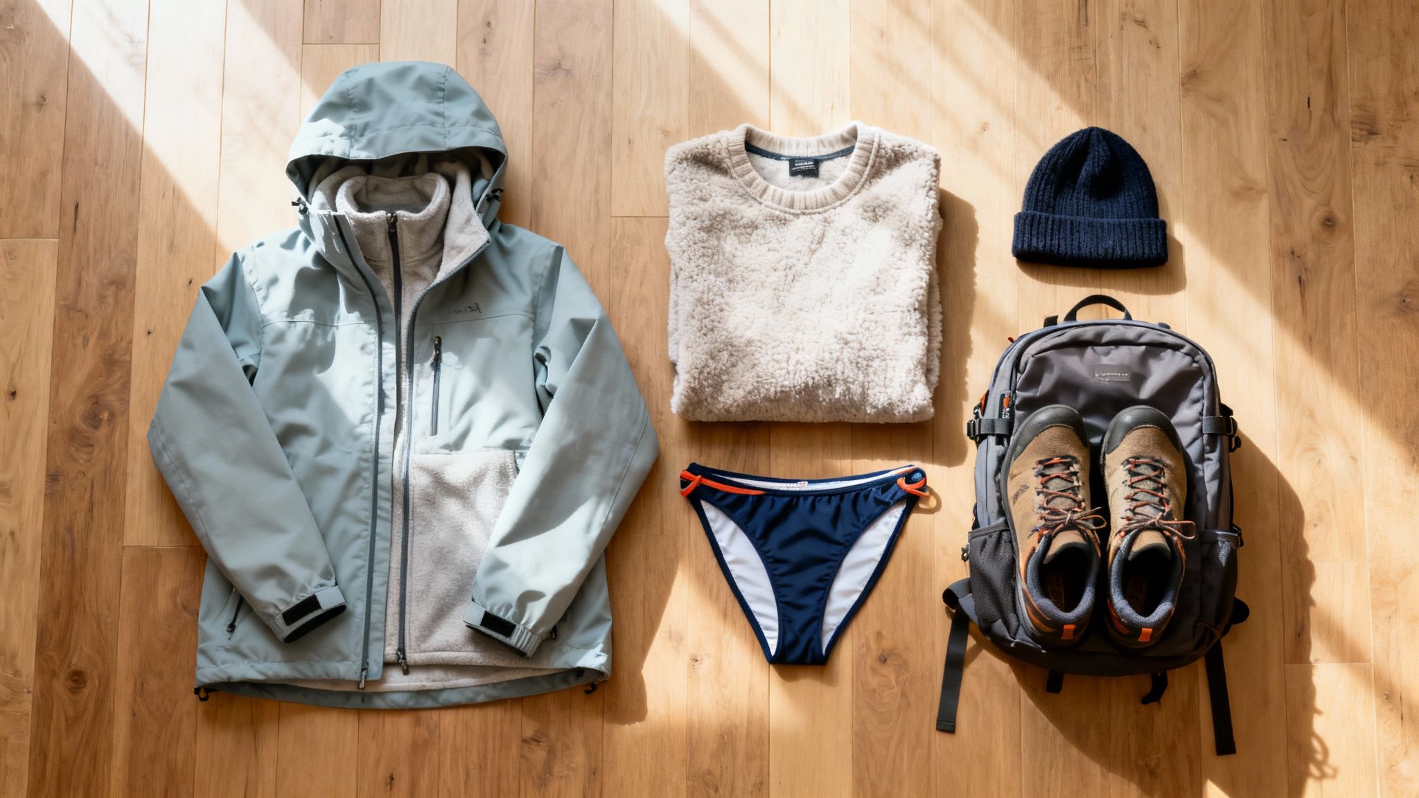 A flat lay of diverse travel and outdoor clothing, including a jacket, sweater, boots, beanie, and bikini.