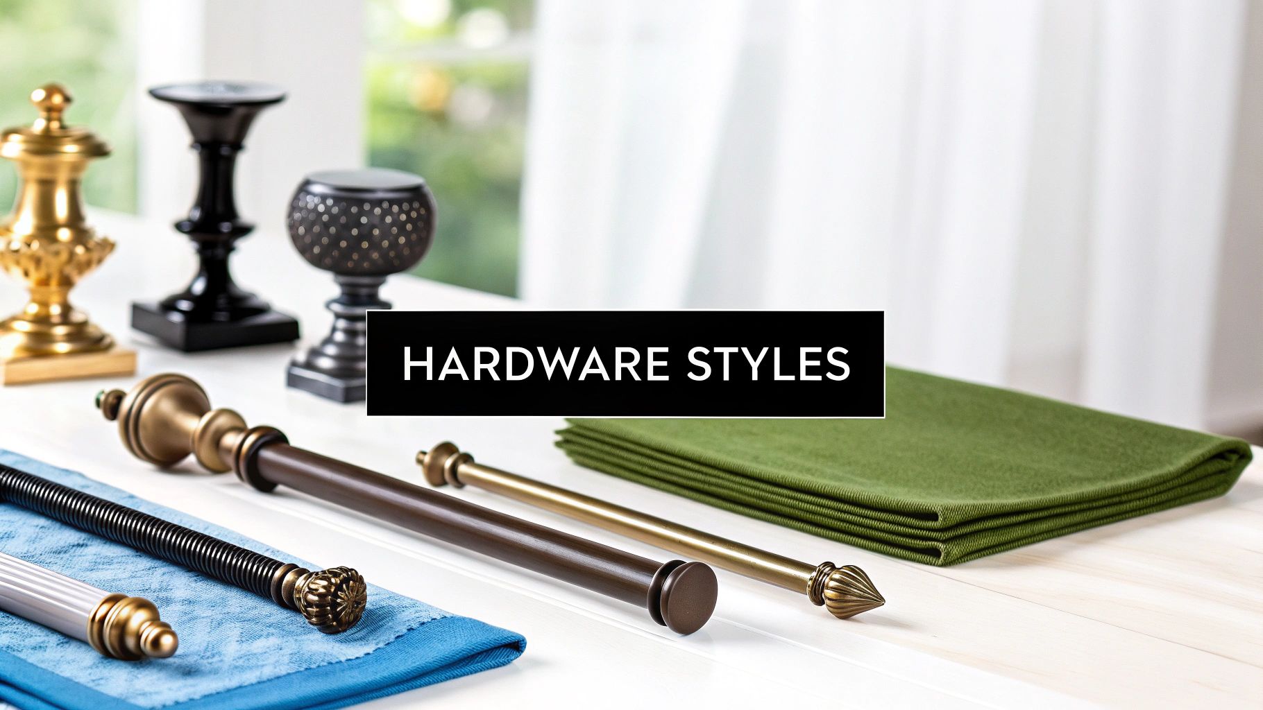 Diverse curtain hardware styles featuring decorative finials and rods in gold, bronze, and black finishes.