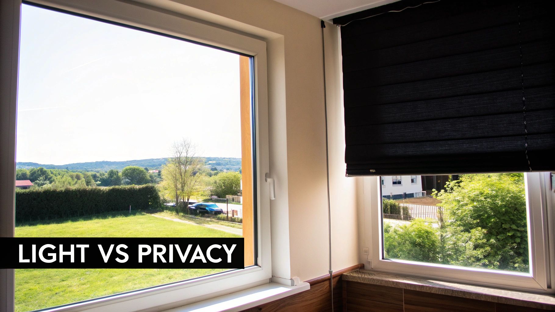 Two windows, one showing bright outdoor light and view, the other with a dark blackout shade.
