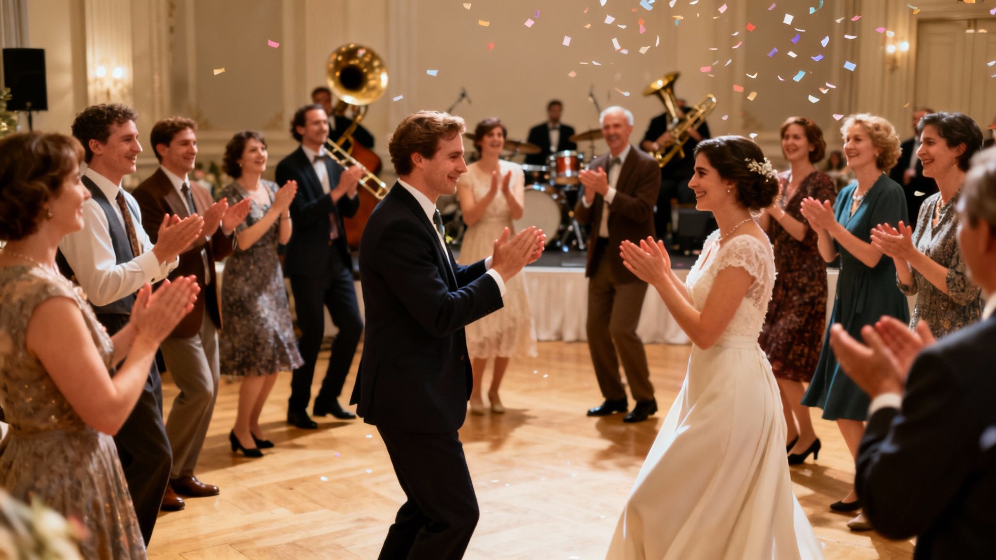 A bride and groom dance and smile at their wedding, surrounded by clapping guests and falling confetti.
