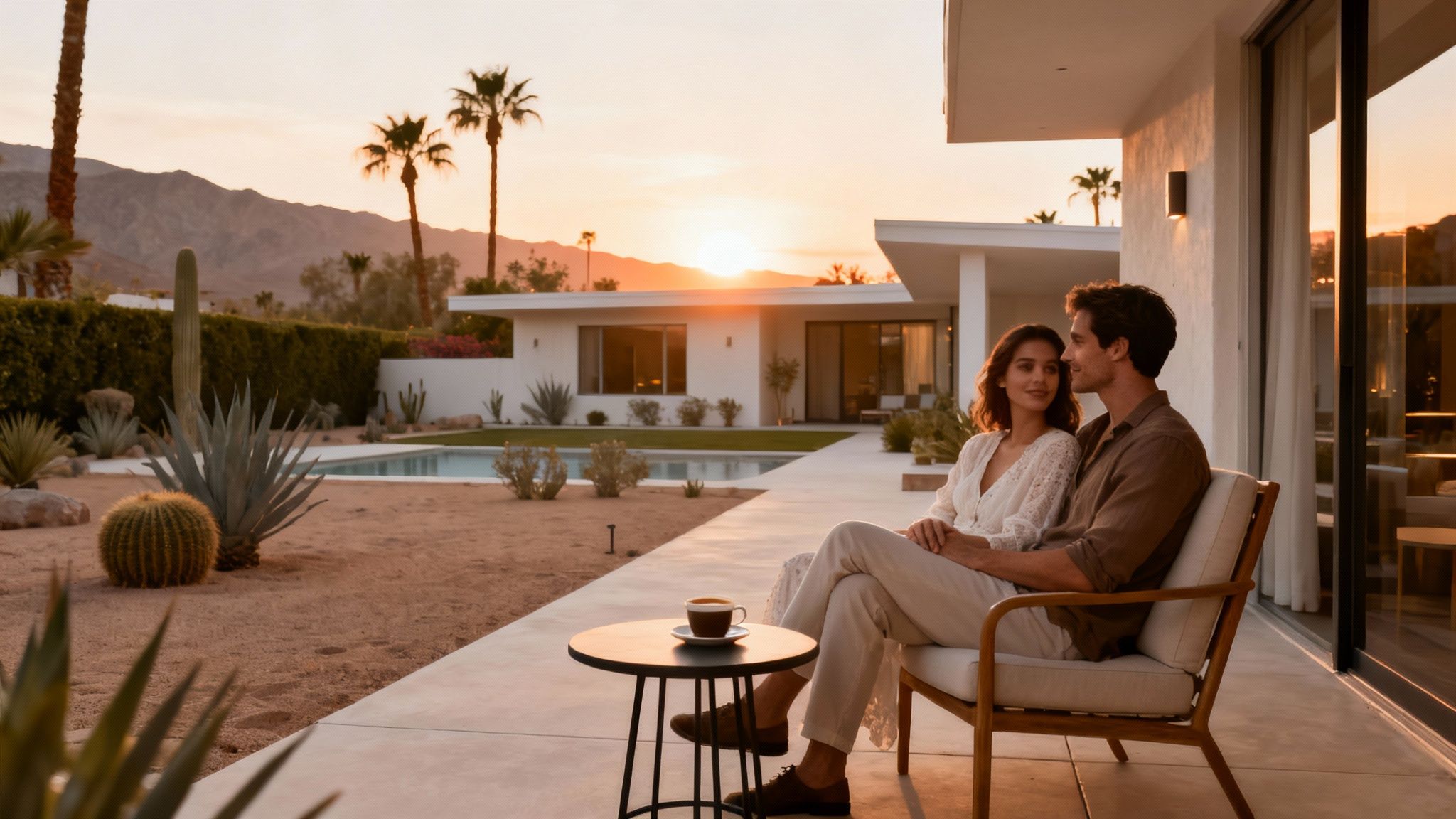 A romantic couple enjoys coffee and conversation on a modern desert patio at sunset.