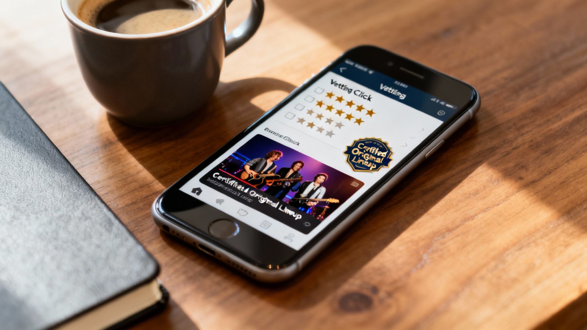 A smartphone displays a music app showing band ratings and a video of a &#39;Certified Original Lineup&#39; performance.
