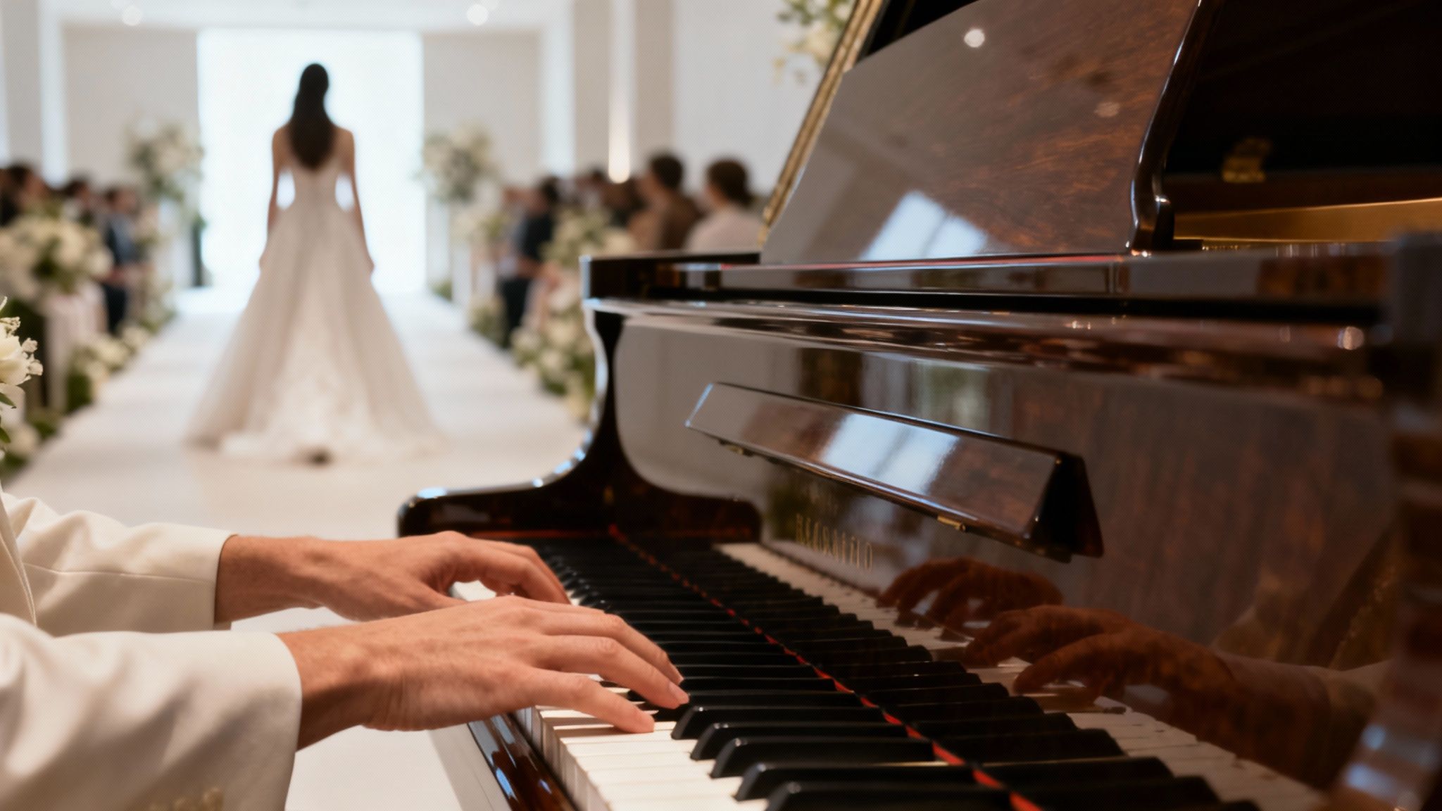 A pianist plays music on a grand piano during a wedding ceremony as a bride walks down the aisle.