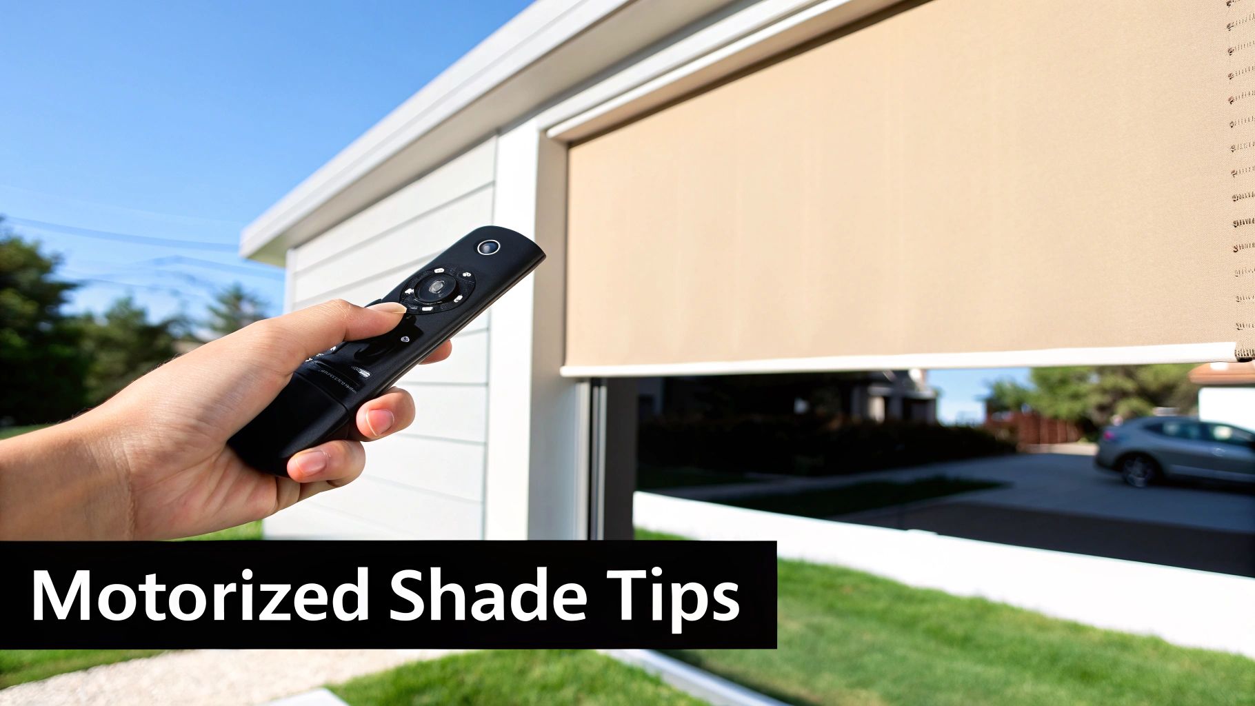A hand uses a black remote control to adjust a tan motorized roller shade in a window.