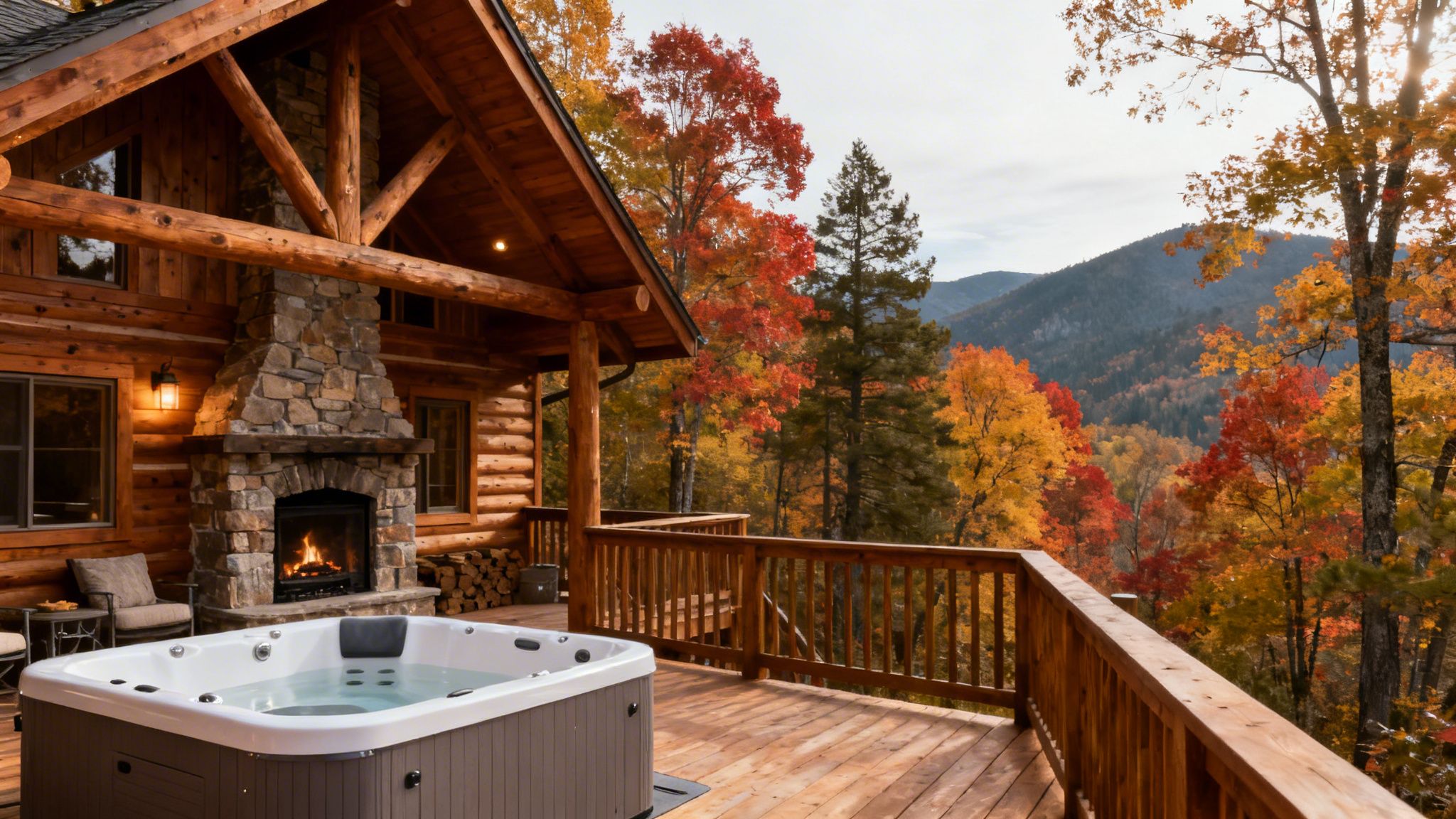 Luxury log cabin with hot tub, stone fireplace, and vibrant fall mountain views.