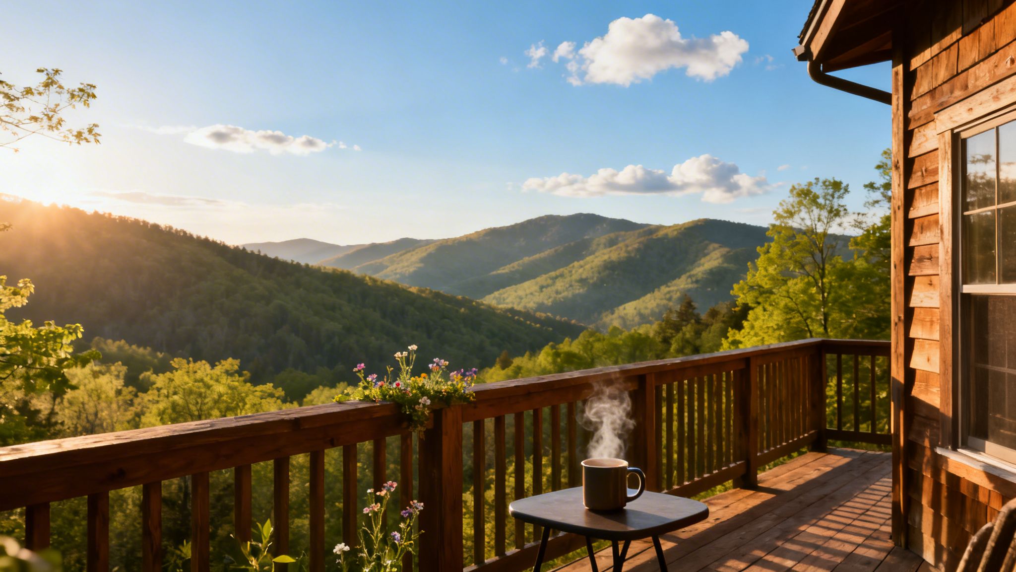A serene view from a wooden cabin deck overlooking lush green mountains at sunset with a steaming mug.