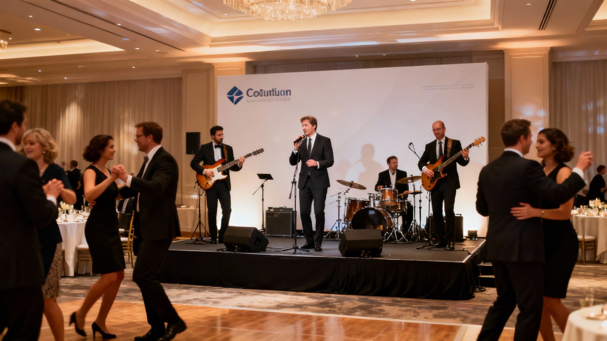 Elegant corporate gala event with couples dancing and a live band performing on stage.