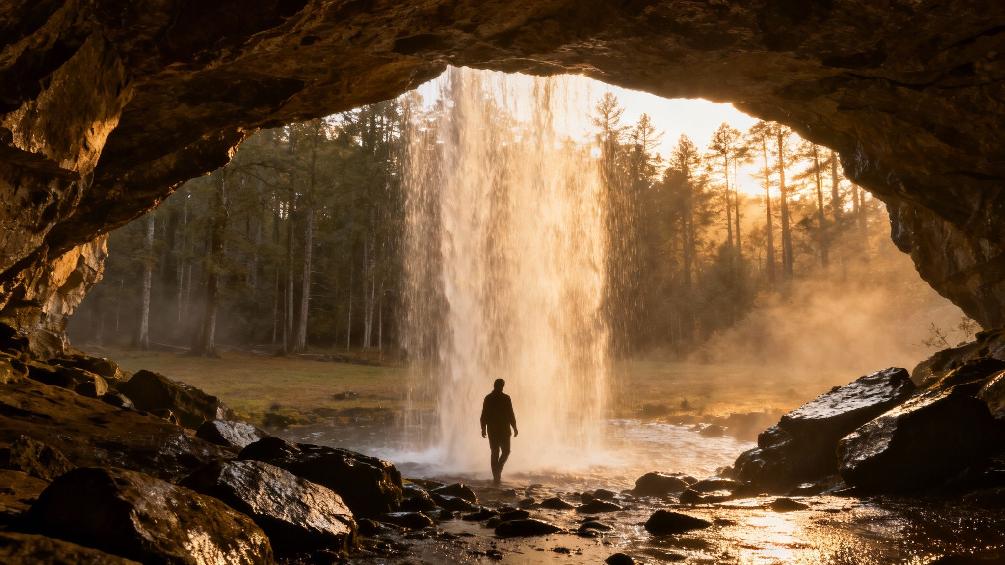 A silhouette of a person standing under a golden waterfall in a cave, with a misty forest beyond.