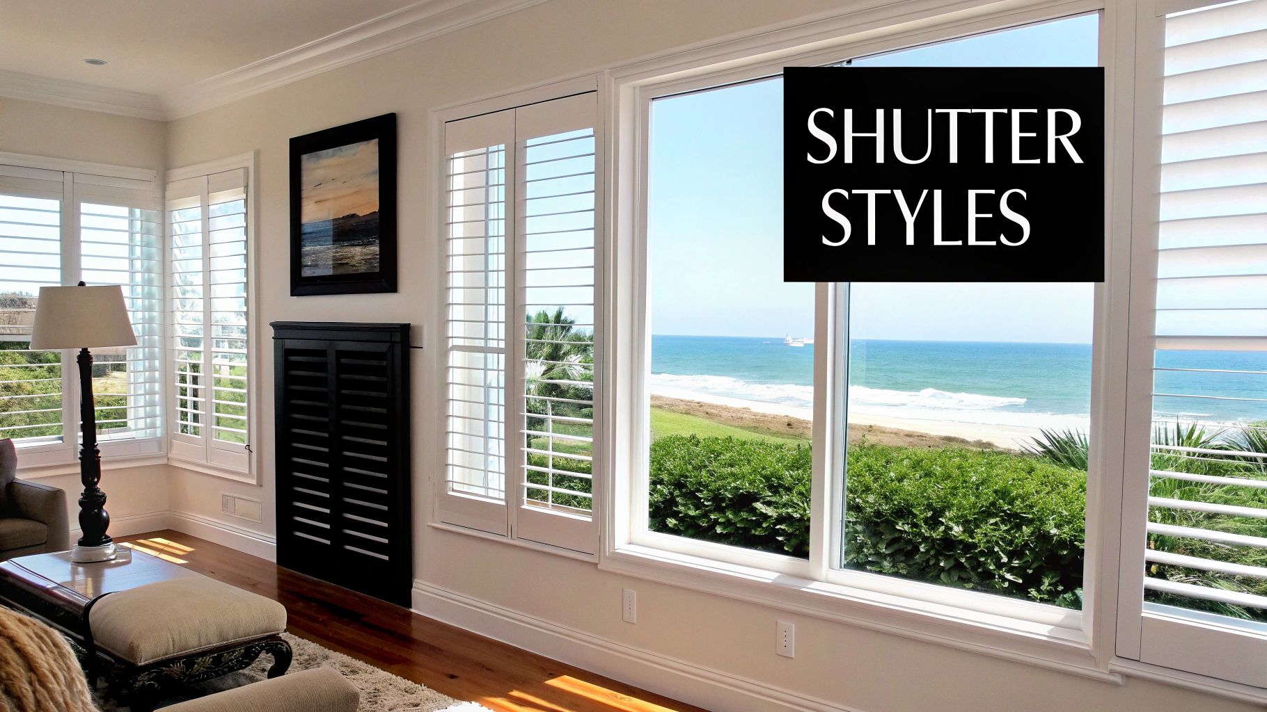 Elegant living room with white plantation shutters on windows overlooking a beautiful beach and ocean.
