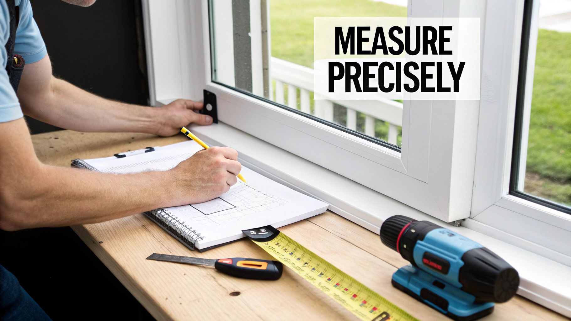 A person using a tape measure to carefully measure a window for new blinds installation.