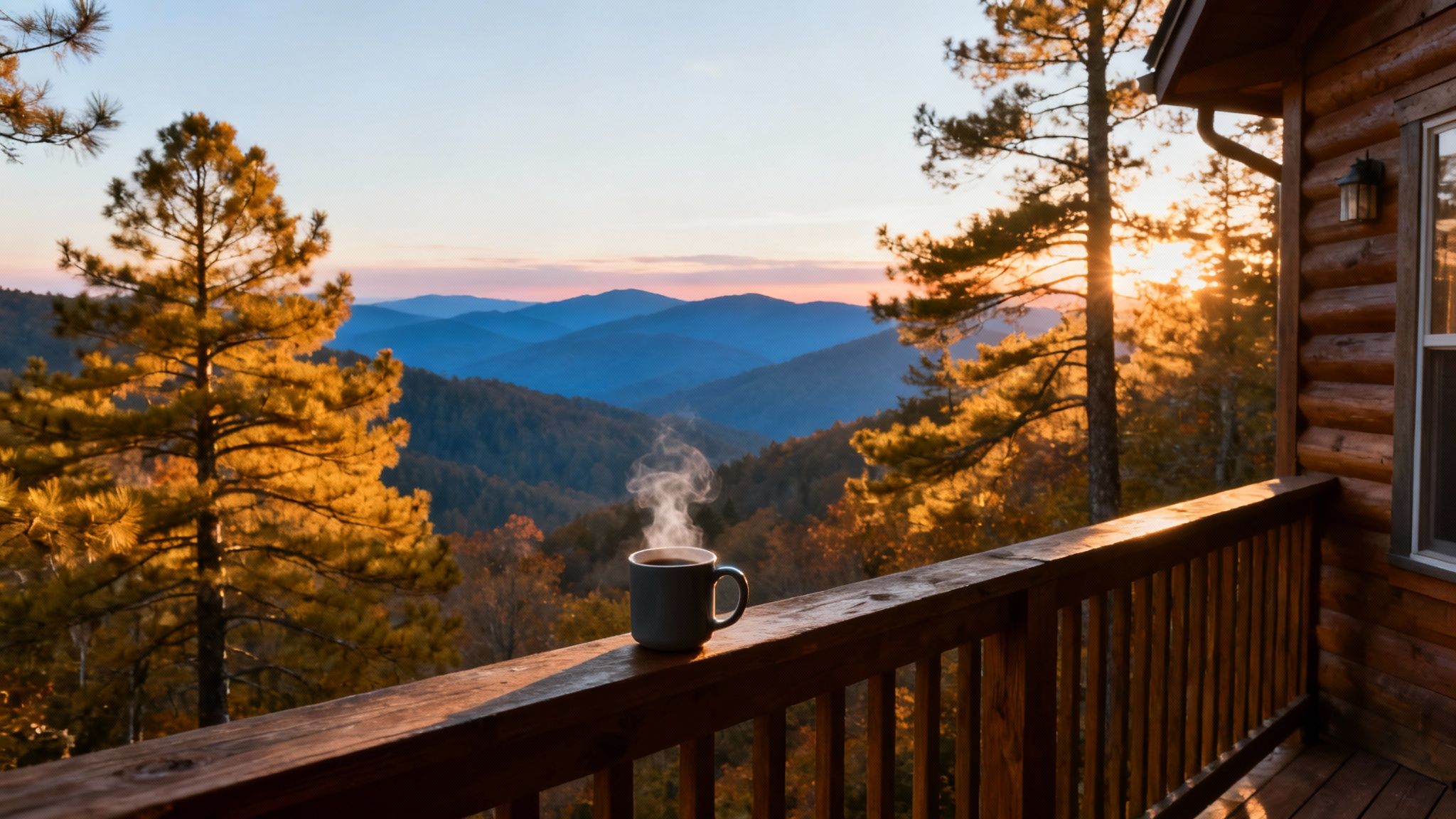A steaming coffee mug sits on a rustic cabin balcony railing with mountains and golden trees at sunrise.