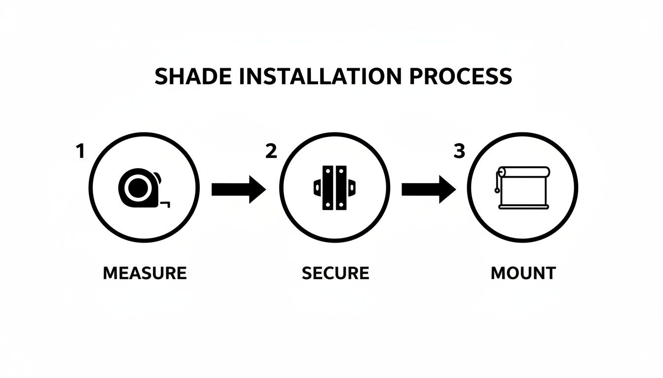 Diagram illustrating the three-step shade installation process: measure, secure brackets, and mount the shade.