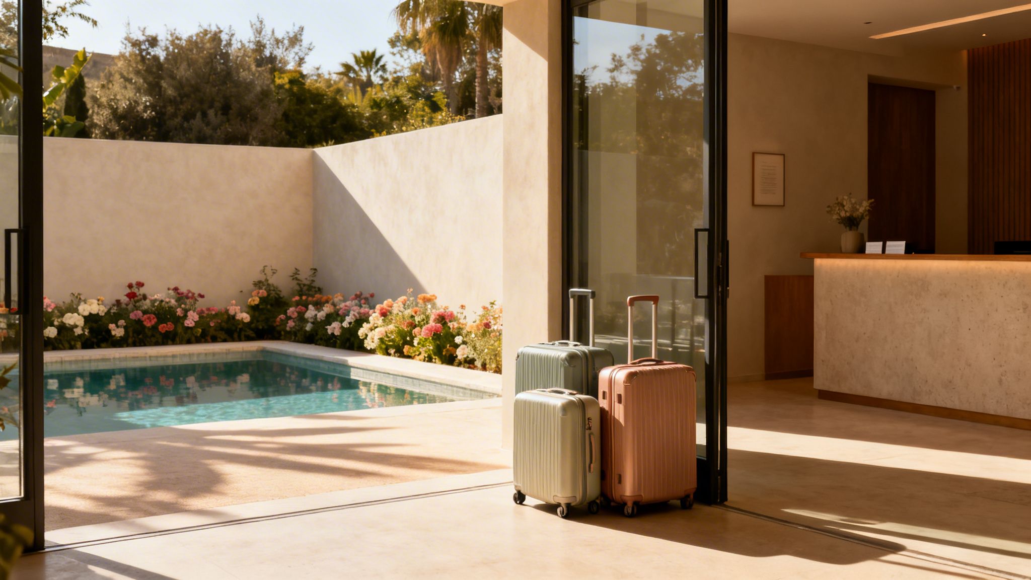 Three colorful suitcases stand by an open glass door leading to a sunny pool and flowered garden.