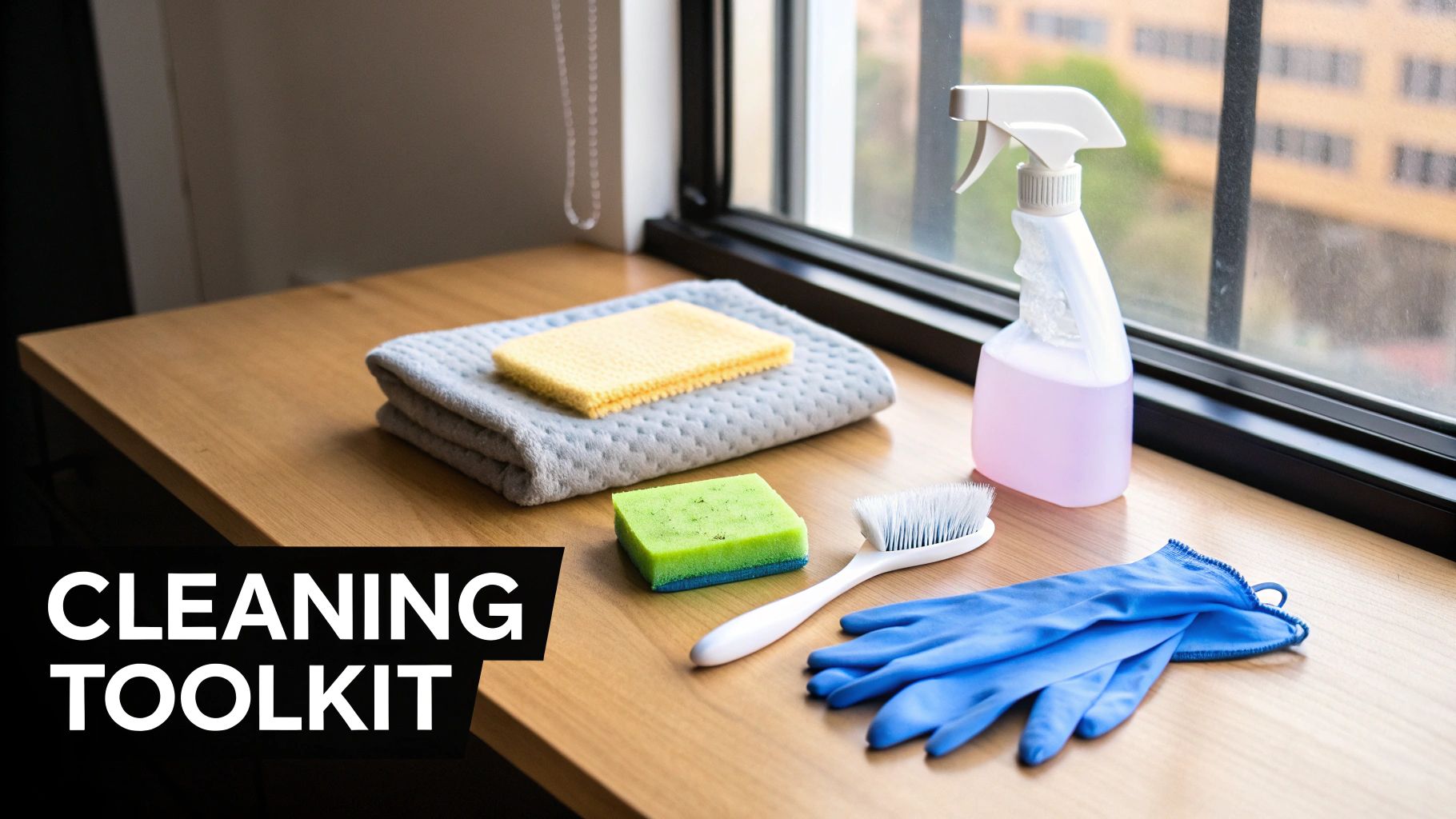 Various cleaning supplies including towels, sponges, brush, gloves, and spray bottle on a wooden surface.