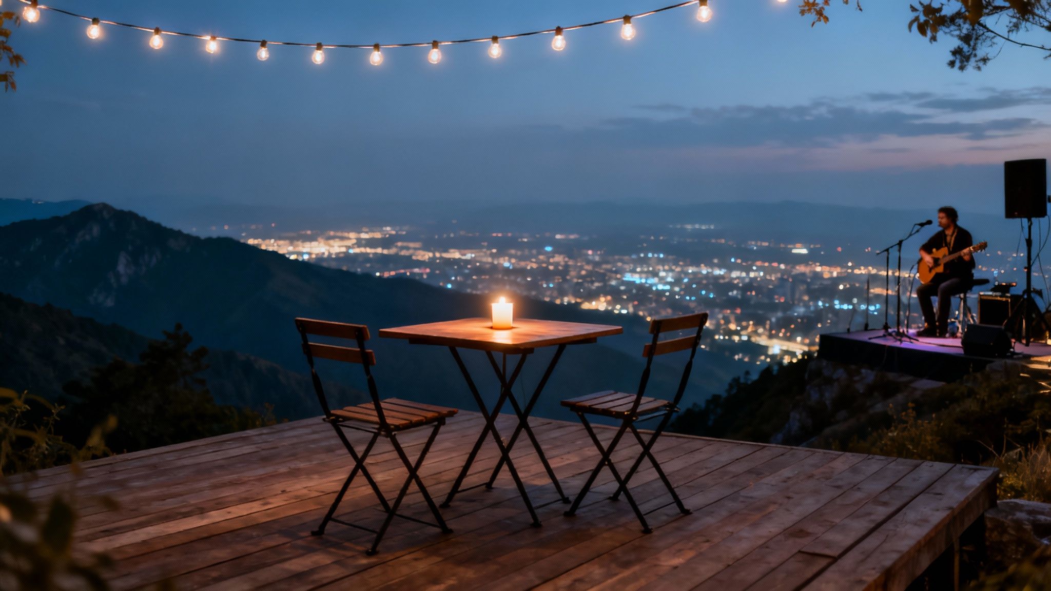 A romantic outdoor restaurant on a mountain with a candle-lit table, string lights, and a musician playing.