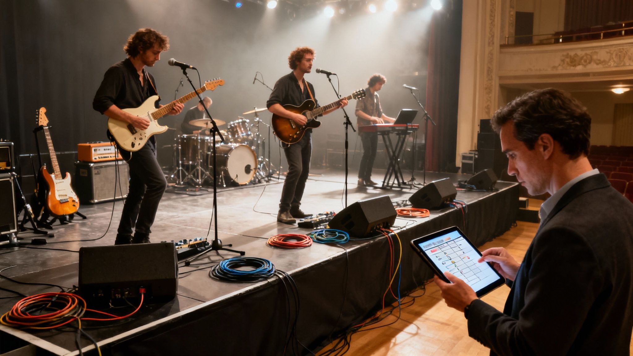 A live band on stage at a corporate event, with guests dancing and enjoying the performance.