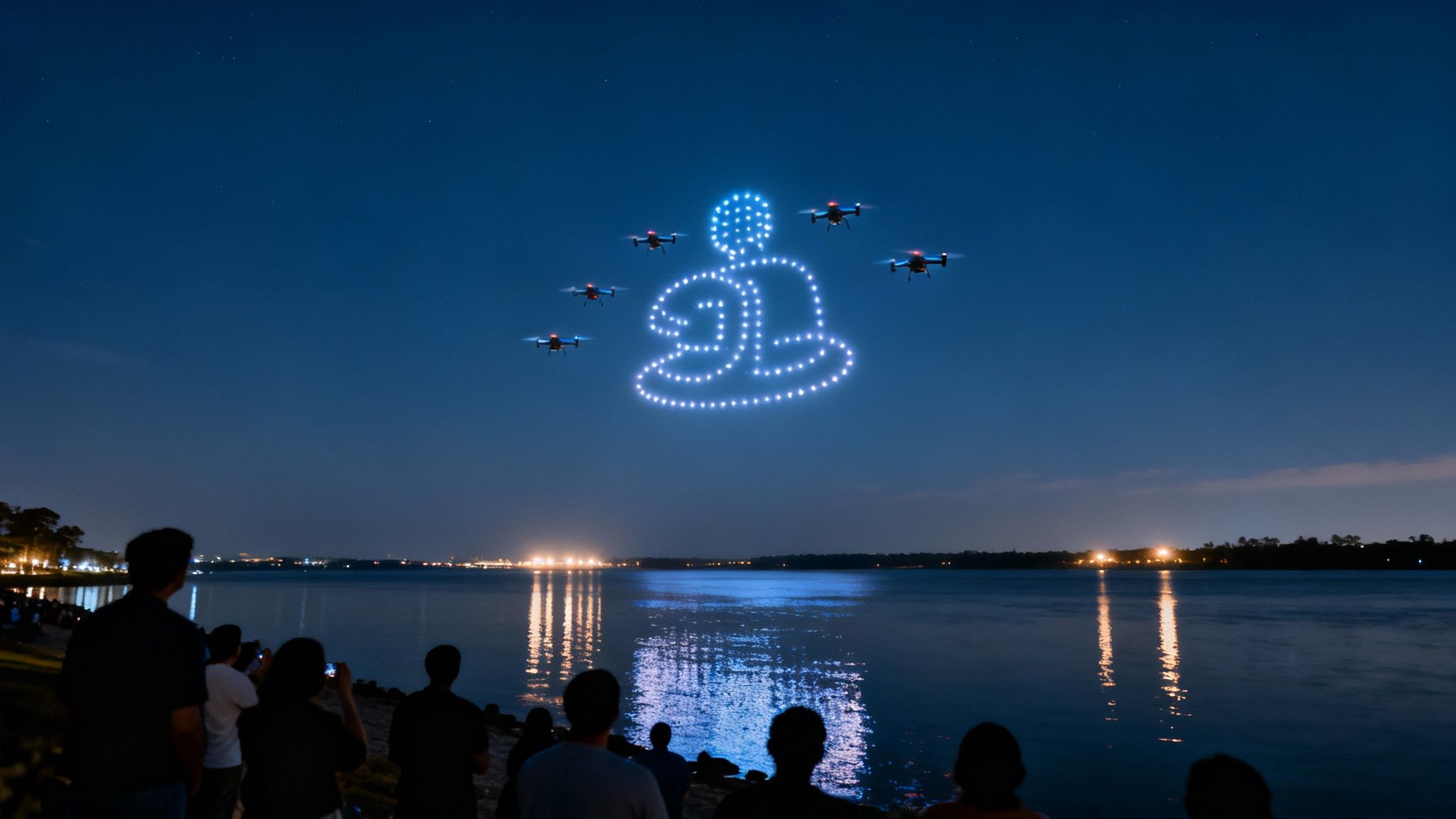 Spectators on a shore watch a drone light show forming a Buddha-like figure over water at night.
