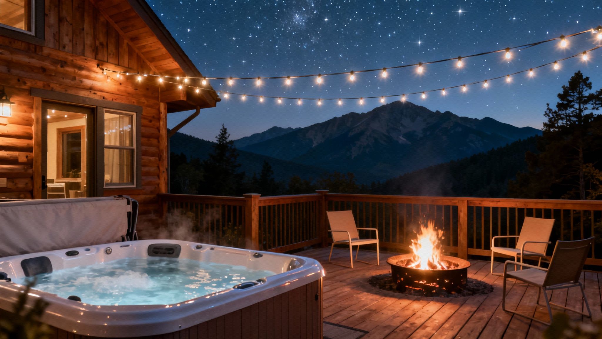 A log cabin's outdoor deck features a bubbling hot tub and a fire pit under a starry mountain sky.
