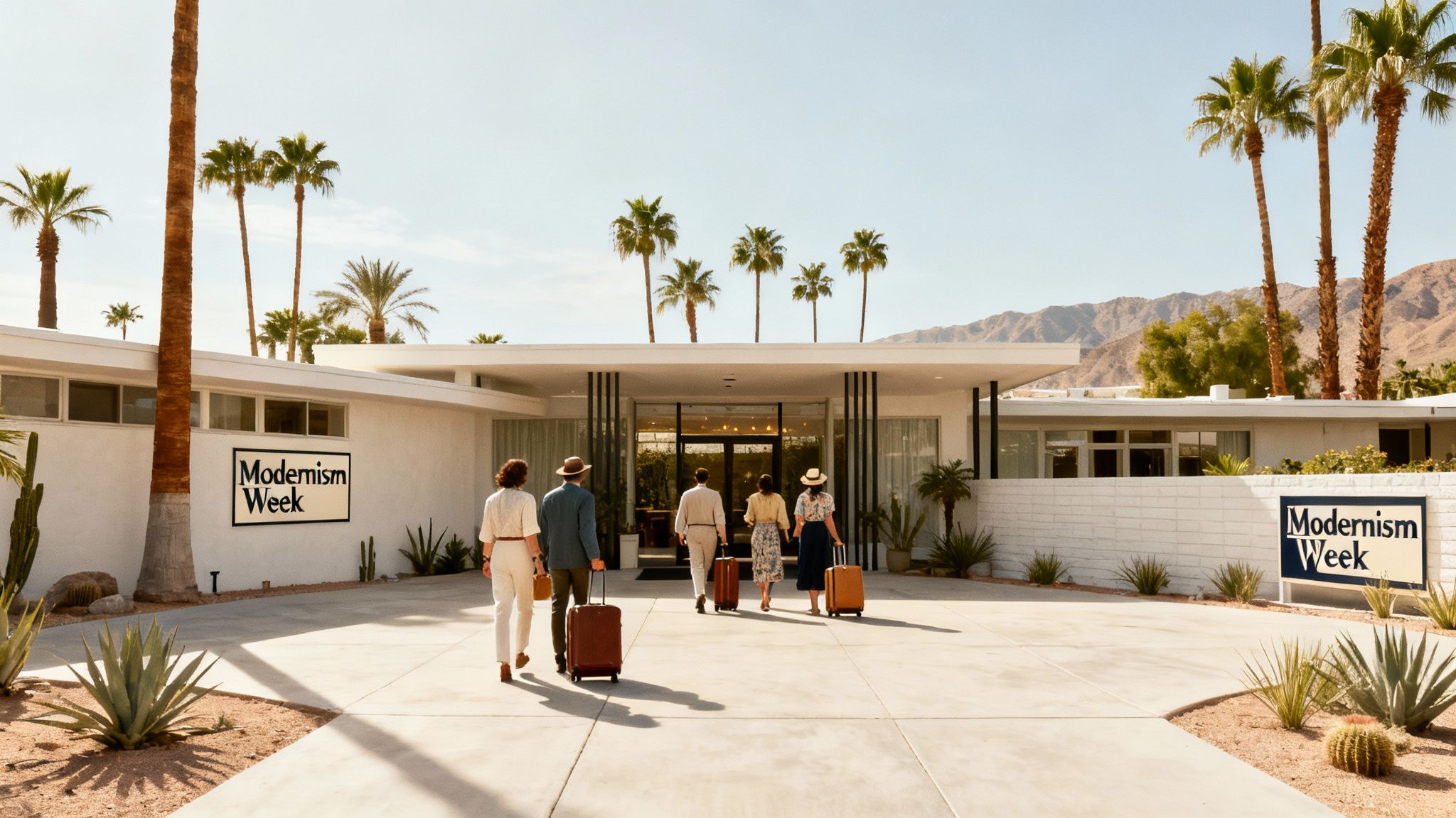 People arriving at a white mid-century modern building with palm trees for Modernism Week.