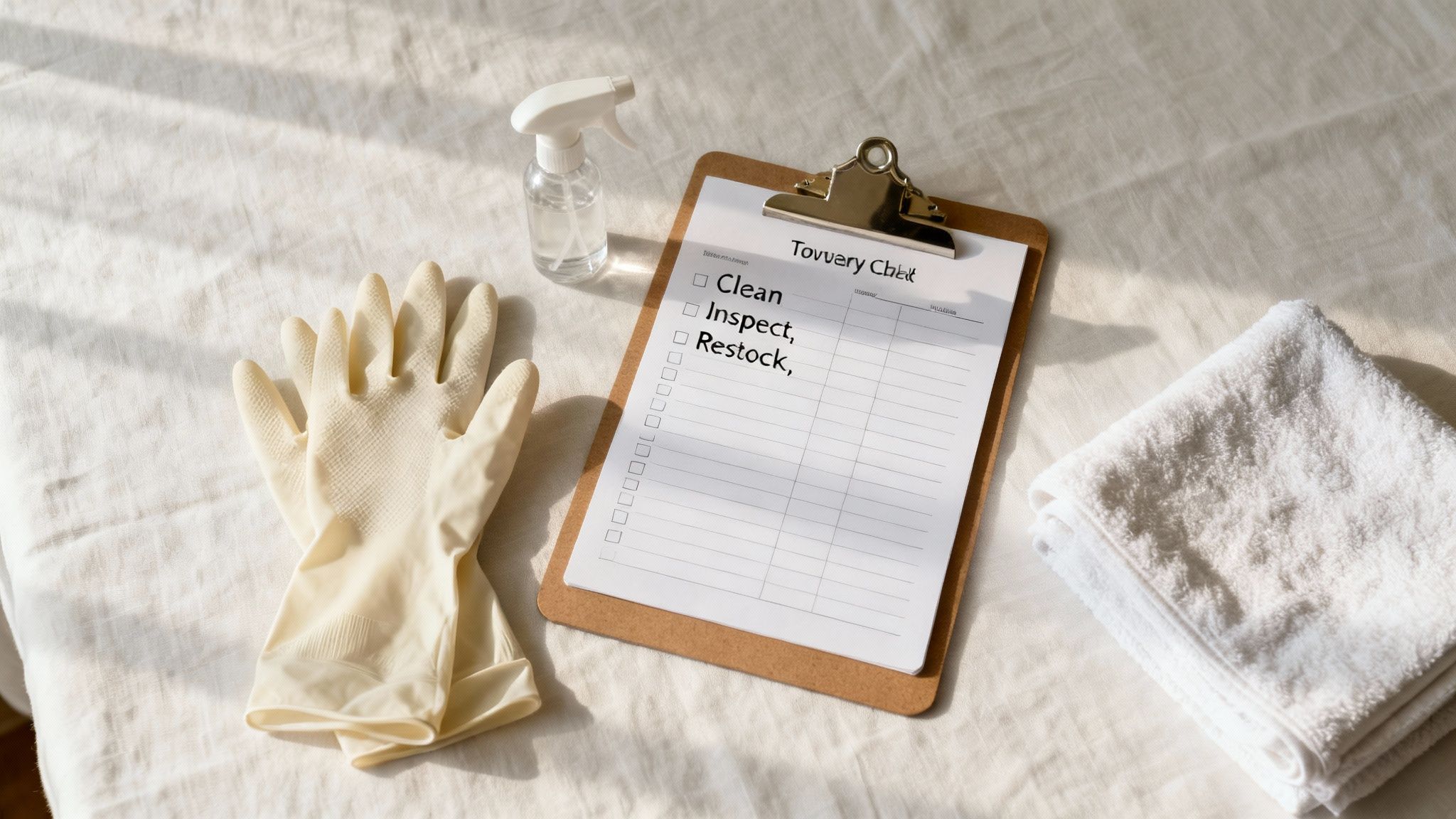Cleaning supplies: rubber gloves, a spray bottle, a white towel, and a checklist.