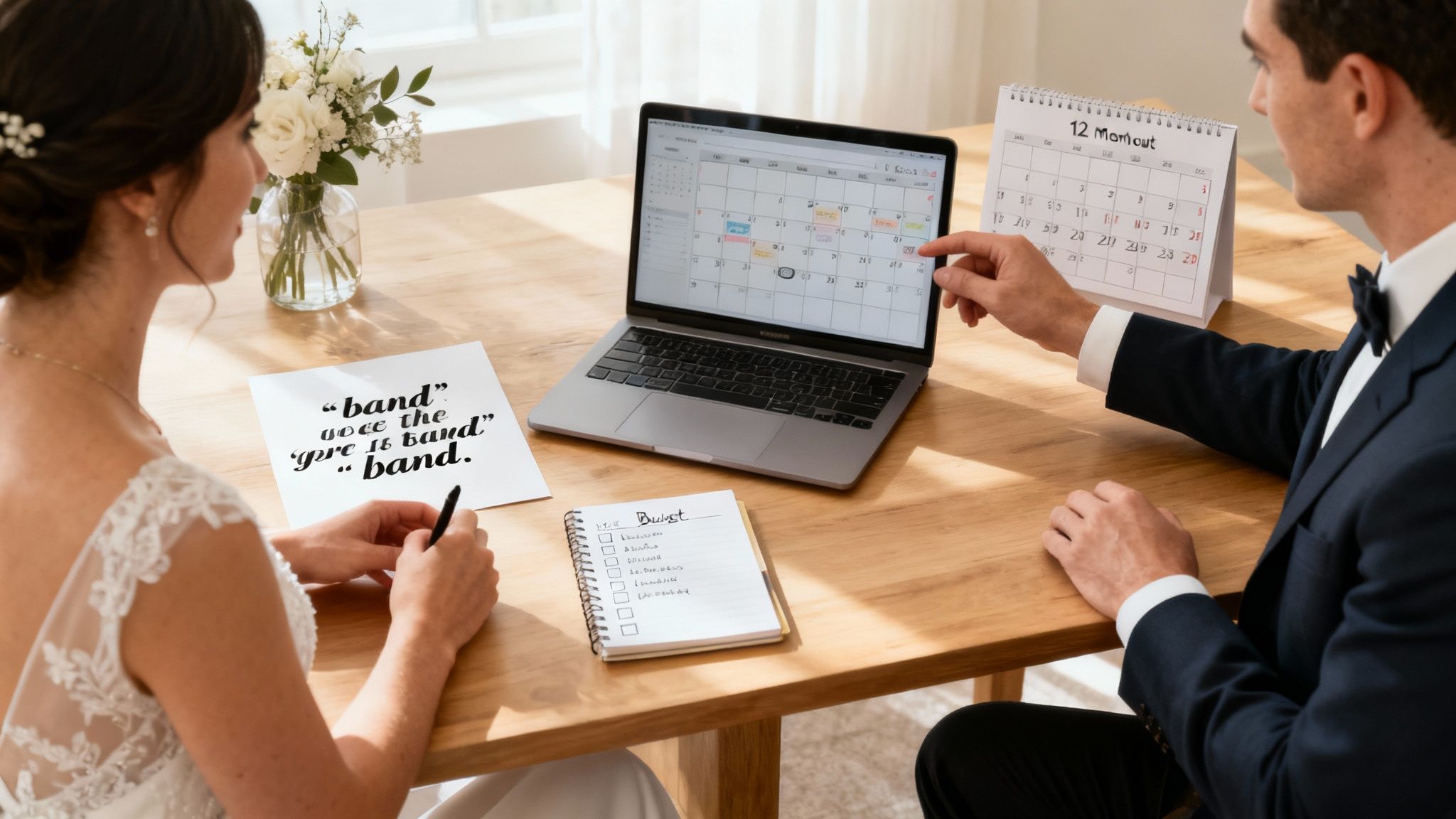 Couple in wedding attire planning band budget with laptop calendar and checklist notebook